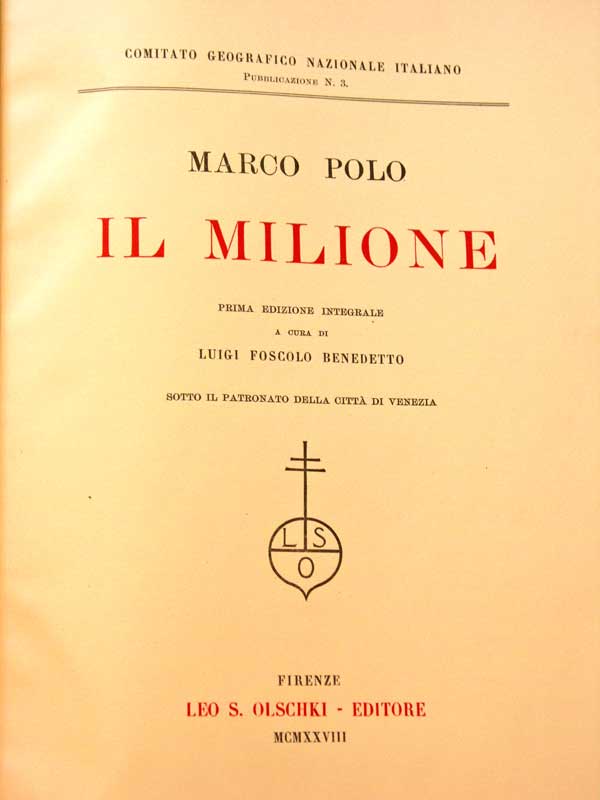 Il Milione di Marco Polo, Number 154 of 600, by L.F. Benedetto, published by Leo S. Olschki, Firenze, Italy 1928. This is one of 32 photos of this volume from Weblackey.com, where this book was sold May 31, 2013 for $2000.